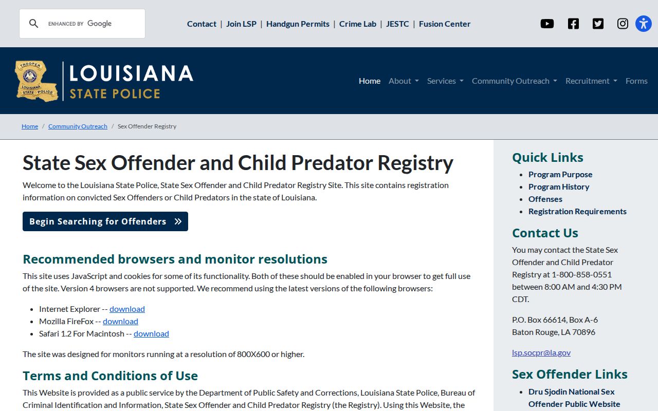 Louisiana resident lookup reviewing the State Police registry conditions of use