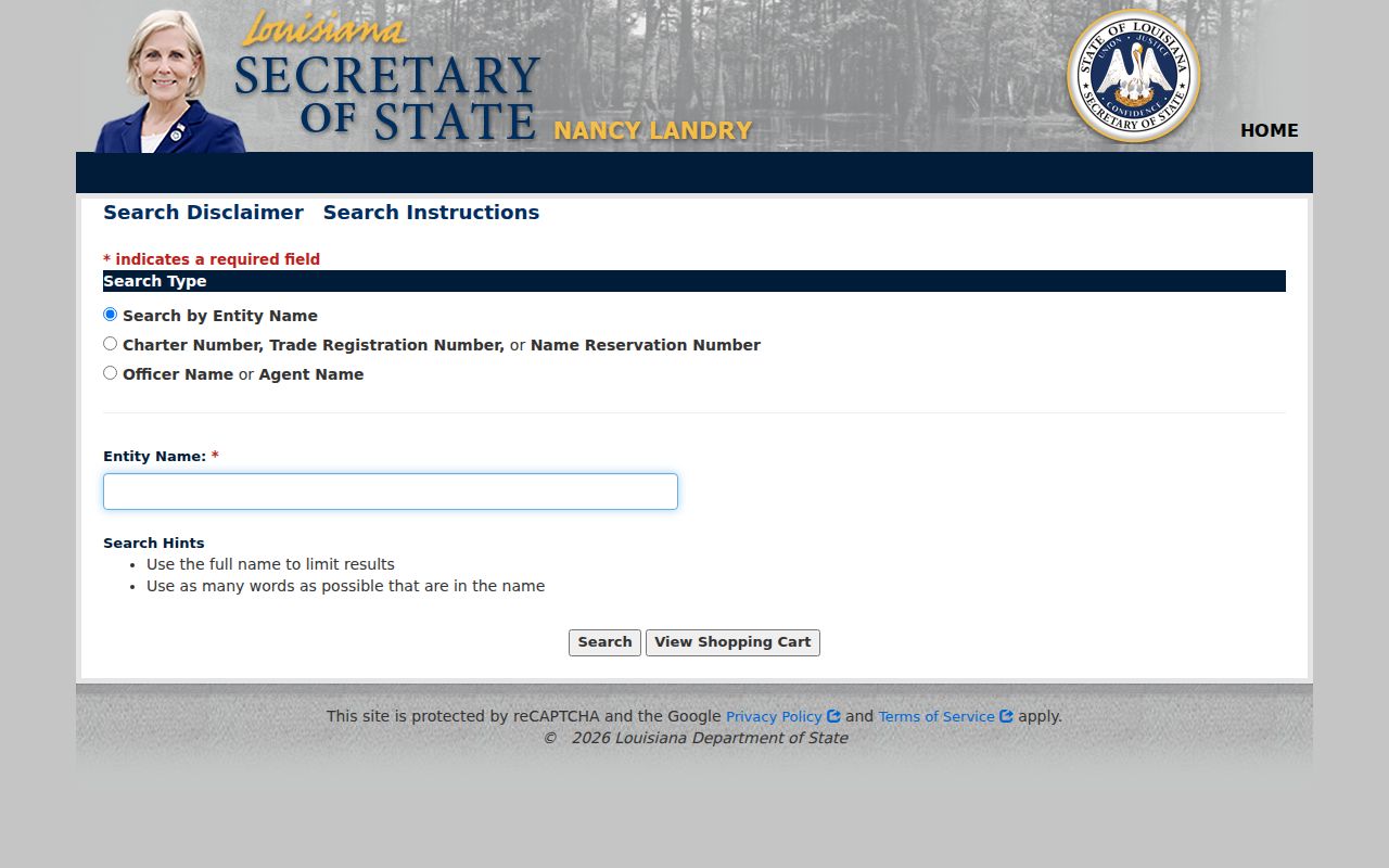 Louisiana resident lookup using entity, charter or trade number, and officer or agent search fields