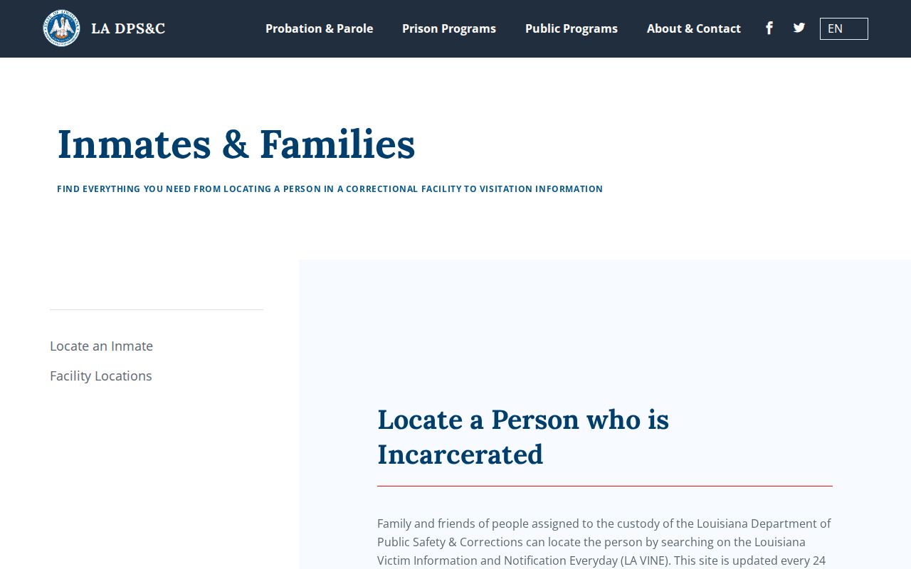 Louisiana resident lookup at the DOC locator, showing name, location, and identification search options
