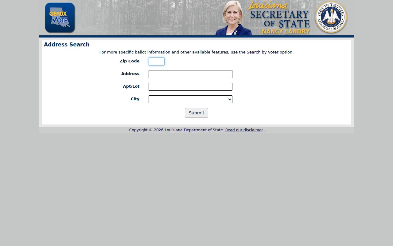 Louisiana resident lookup address search with ZIP, street address, apartment or lot, and city fields