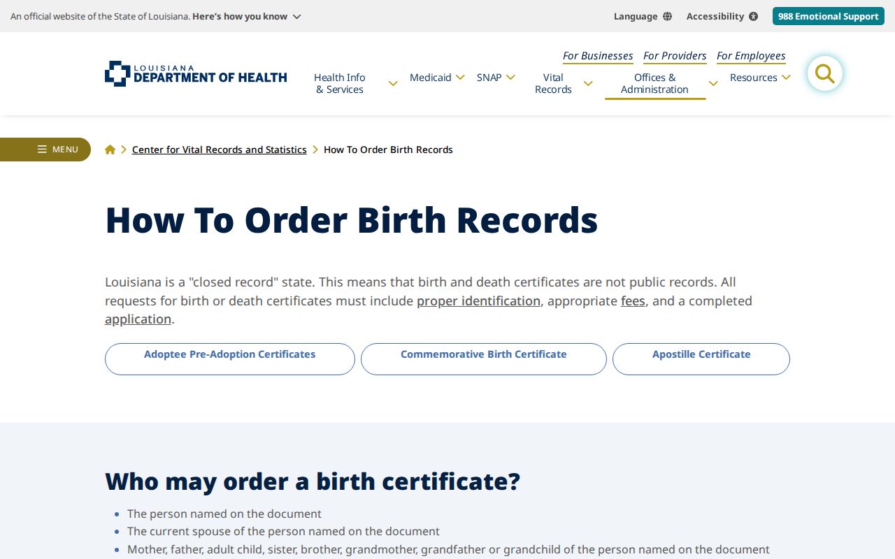 Louisiana resident lookup checking closed birth-record eligibility and official LDH ordering instructions