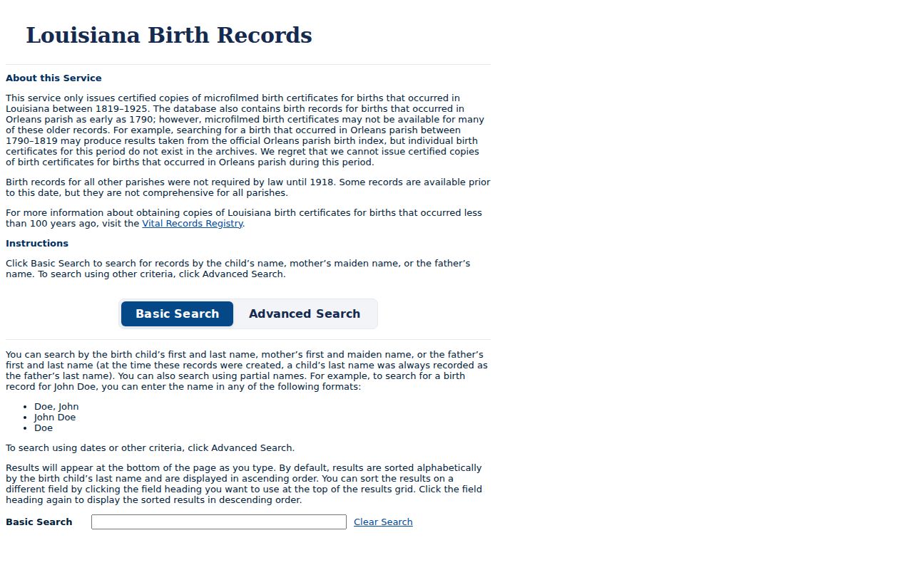 Louisiana resident lookup using the historical birth index search fields and parish filters