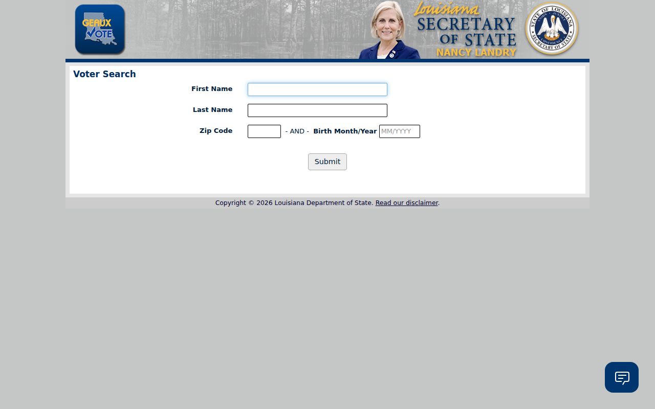 Louisiana resident lookup using the Voter Portal first-name, last-name, ZIP, and birth month/year fields