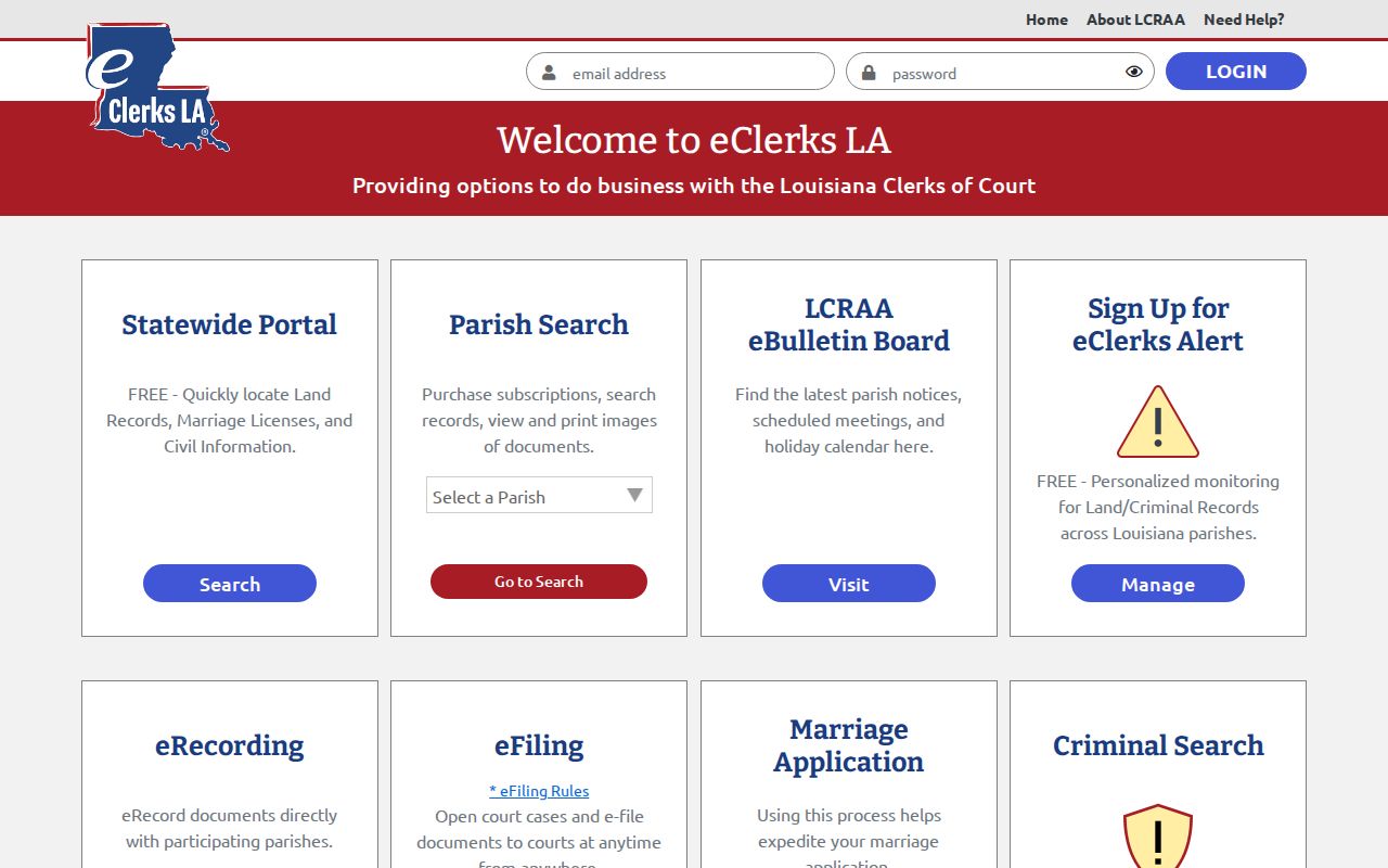 Louisiana residents directory starting point at the eClerks parish records portal
